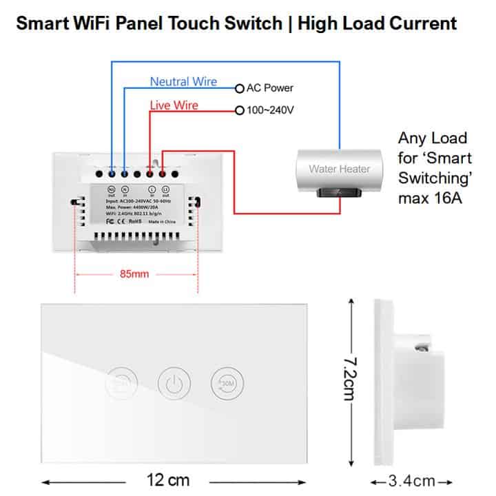 Smart WiFi Switch touch boiler 16A wiring diagram dimensions Tuya