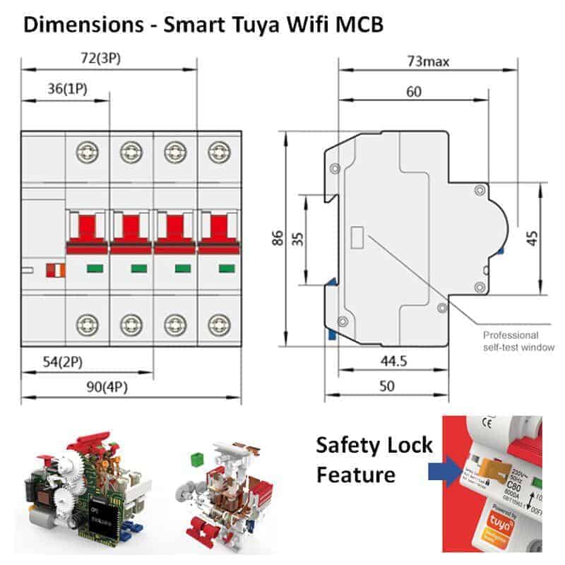 dimensions smart mcb circuit breaker 1 pole 2 pole 3 pole 4 pole 16A 20A 25A 32A 40A 63A 125A wifi switch tuya smartlife