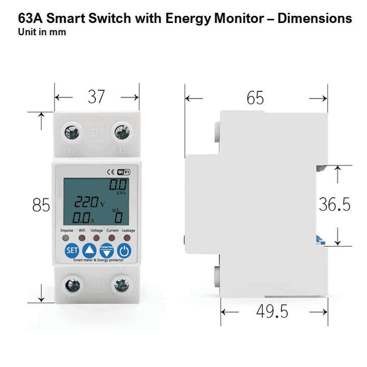 smart wifi switch 63A load consumption measurement energy monitor dimensions