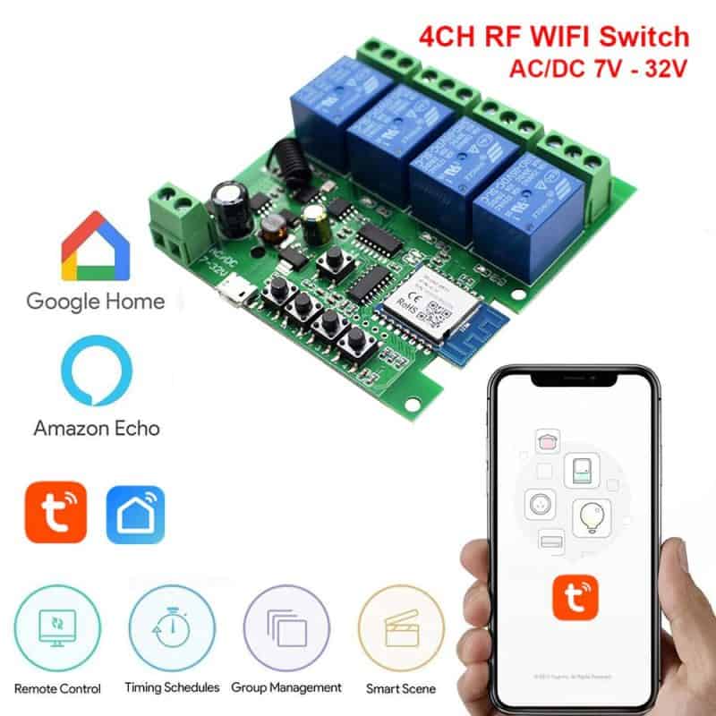 Smart 4Ch Self Locking Inching Relay WiFi + RF 433mhz remote