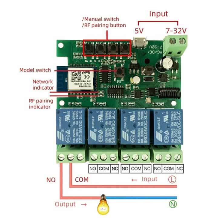 Smart 4Ch Self Locking Inching Relay WiFi + RF remote connections