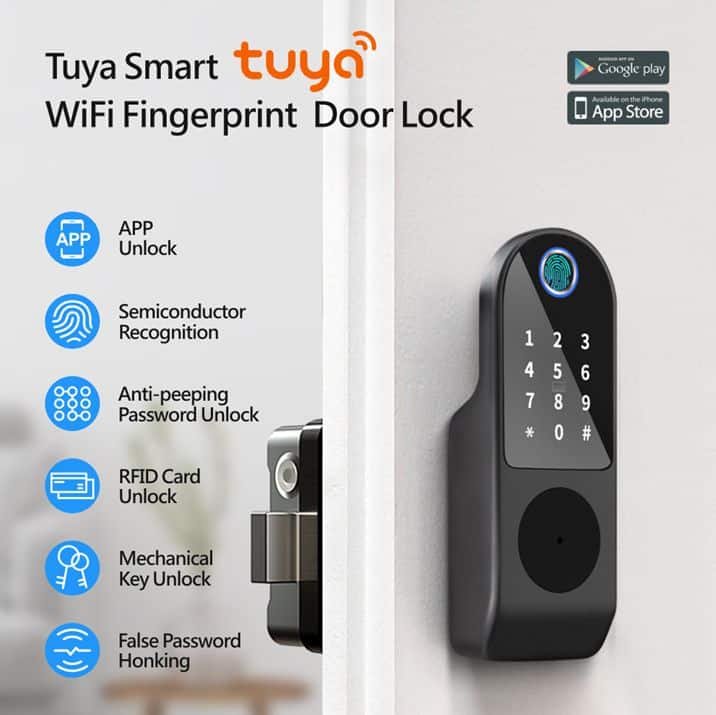 smart wifi electric strike lock fingerprint, code, tag remote tuya features