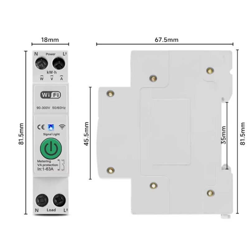 smart wifi circuit breaker 1P 1- 63A DIN Rail dimensions