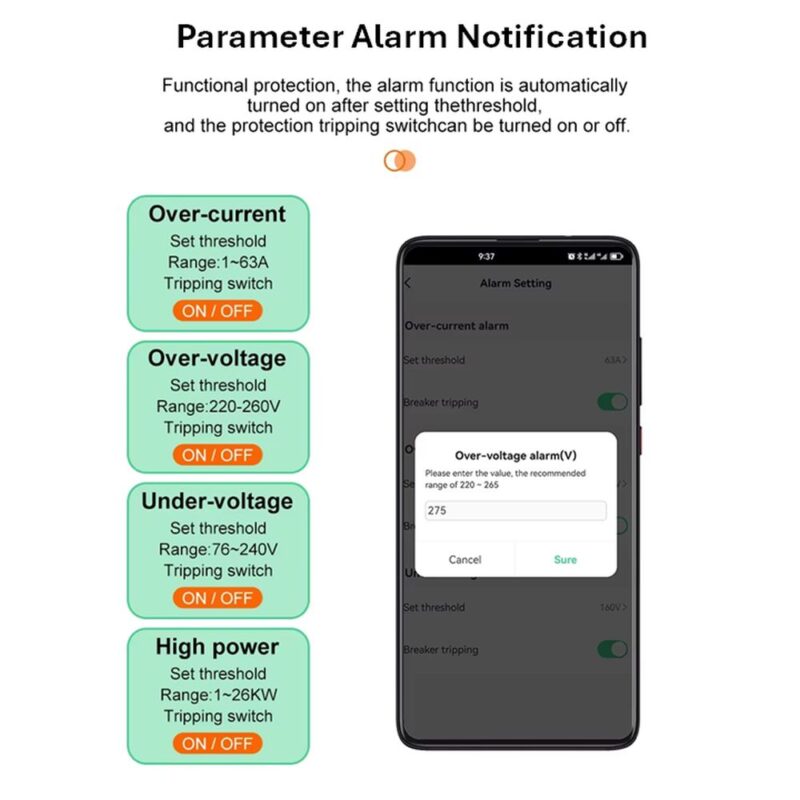 smart wifi circuit breaker 1P 1- 63A DIN Rail parameter alarm function
